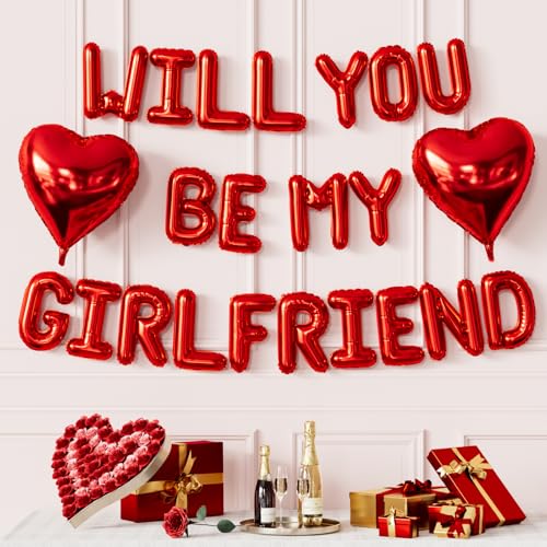 Red Will You Be My Girlfriend Balloons Set Valentines Day Balloon Banner with Red Heart Foil Balloon Romantic Proposal Decoration for Asking Girlfriend Dating Surprise Bedroom Decor