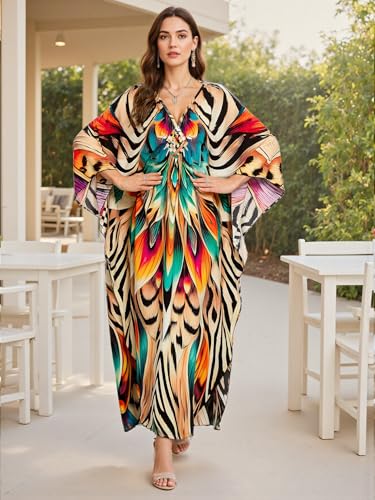 Image of IMAGEKOPE Women's Plus Size Animal Print V-Neck Batwing Kaftan Beach Dress Bathing Suit Cover-Up Loungewear