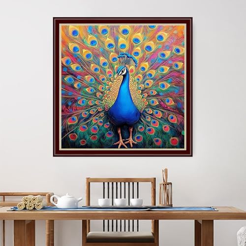 Image of Dimensean Stamped Cross Stitch Kits Full Range of Embroidery Patterns Starter Kits for Beginners Adult DIY Cross Stitches Needlepoint Kits 11CT-Colorful Peacock 18x18 inch