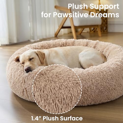 Image of JOLLYVOGUE Calming Dog Beds Extra Large Sized Dog, 45in Donut Washable Large Pet Bed, Anti-Slip & Anti-Anxiety Fluffy Faux Fur Round Dogs Bed, Fits up to 125 lbs Pets (Camel)