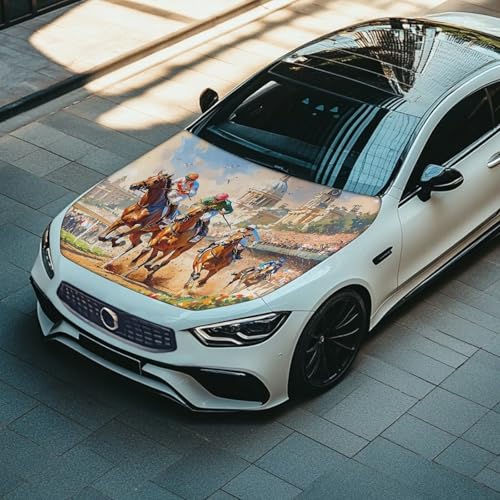 Image of Car Hood Cover for Cars Horse Racing Print Auto Exterior Accessories Stretchable Dustproof Auto Engine Cover Easy to Install All-Season Protection