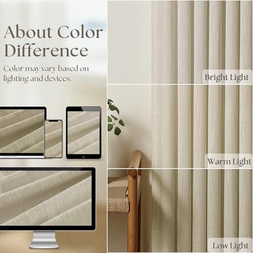 Image of 132 Inch Linen Curtains 2 Panels Set Pinch Pleated for Living Room Bedroom Memory Training Shaped Semi Sheer Neutral Beige Tan Flax Burlap Pleat Drapes Hooks Rings Light Filtering Window Curtain
