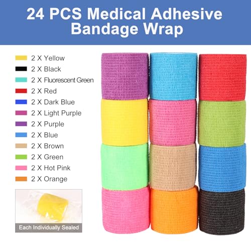 LDIWEE 24 Pack Self Adhesive Bandage Wrap 2 Inch, Vet Wrap for Dogs & Horses, Elastic Cohesive Tape for Athletic Sports, First Aid Medical, Ankle Sprains, Wrist Support