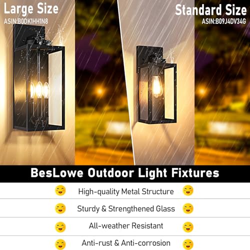 Image of BesLowe 20'' Large Outdoor Wall Lights, Modern Black Exterior Wall Lanterns | Waterproof Metal Construction, Rust-resistant, Quick & Easy Installation, Clear Glass Shades & E12 Socket