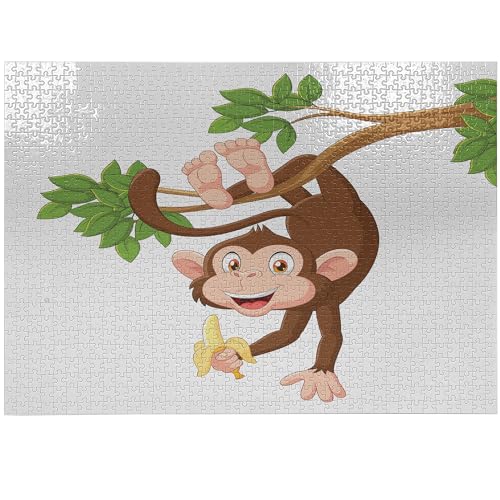 ABAKUHAUS Cartoon Jigsaw Puzzle, Funny Monkey Hanging from Tree and Holding Banana Jungle Animals Theme Print, Heirloom-Quality Fun Activity for Family Durable Cardboard, 1000 pcs, Chocolate White