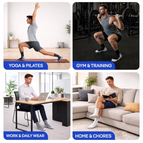 Image of CoolMate Mens Grip Socks, Non-Slip Mens Crew Socks for Hospital Elderly | Grip pads keep their hold wash after wash. Soft cotton-poly blend for pilates, yoga, barre, or post-surgery recovery at home.