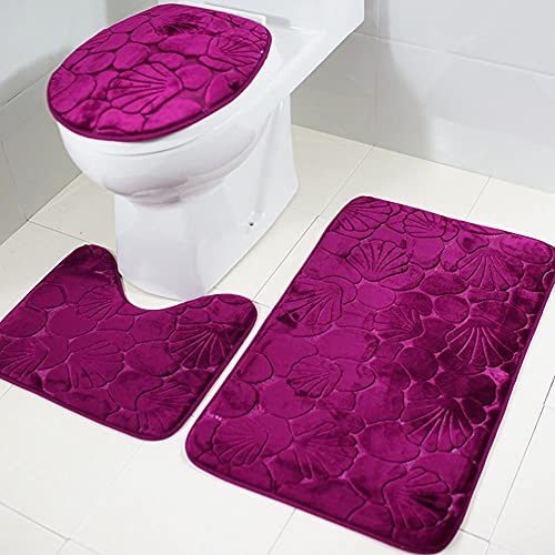 Cyrank Badezimmerteppich-Set, 3-teiliges Badteppich-Set Mit Muscheldruck, Waschbare Badematte, Weiche Badezimmerteppiche, Badematten-Set Mit Toilettendeckelbezug(Pink) – Bild 4