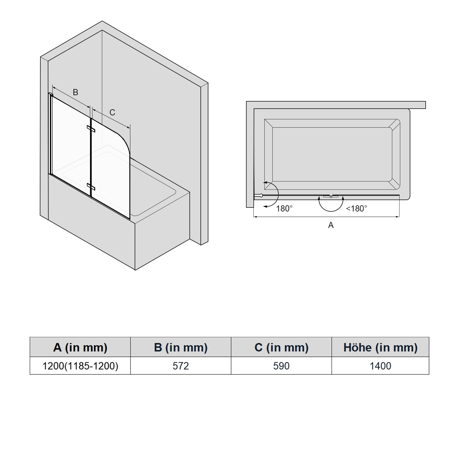 SONNI Box Vasca da Bagno 120x140cm, Di nero Parete Vasca con Dispositivo Pieghevole a 180 °, Vetro Trasparente 6mm Parete Vasca da Bagno Doccia