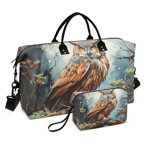 Large Travel Duffel Bag, Paint Owl Sports Tote Gym Bag, Shoulder Weekender Overnight Bag for Women Men, Carry On Luggage with Toiletry Bags