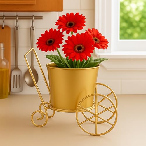 Image of CINAGRO Metal Wagon Planter, Gold Pram Rickshaw-Shaped Metal Plant Stand for Indoor & Outdoor Use, 2 Wheel Pot Stand, Flower Vase, Decorative Iron Pot Holder for Flowers & Ornaments, 27 x 13 x 21 cm