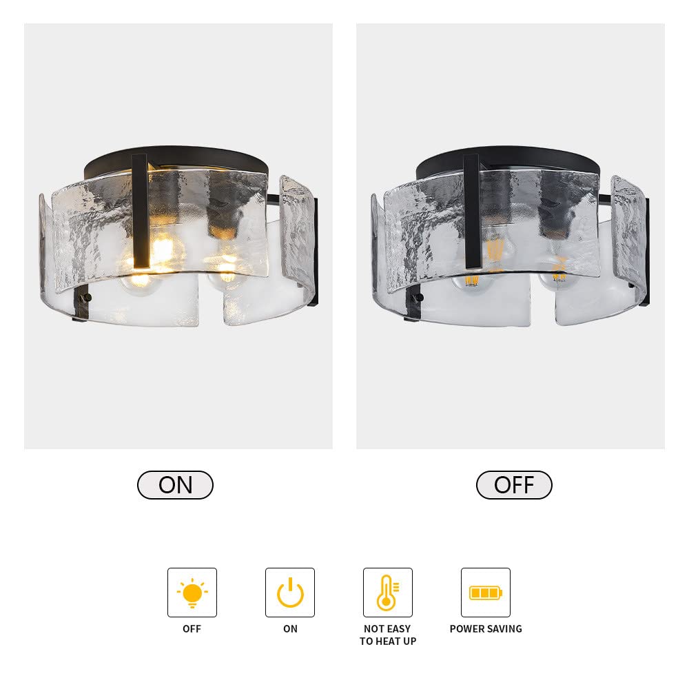 Aiwen 3-Light Semi Flush Mount Ceiling Light - 15" Matte Black With Seeded Glass, Farmhouse Style