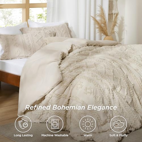 Bedsure Tufted Boho Comforter Set Oversized King - Beige Boho Bed Set, GentleSoft™ 3 Pieces Farmhouse Shabby Chic Embroidery Bedding, Gifts for Woman, Soft Jacquard Comforter for All Seasons