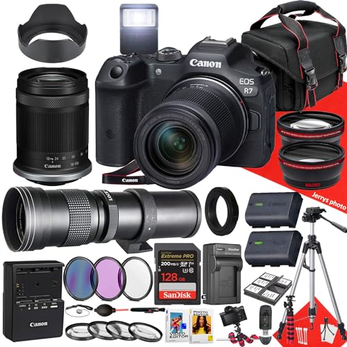 Canon EOS R7 Mirrorless Camera with 18-150mm and 420-800mm Lens + 128 GB Memory + Hood + Monopod + Filters + Tripod + More (32pc Bundle), Black (Renewed)
