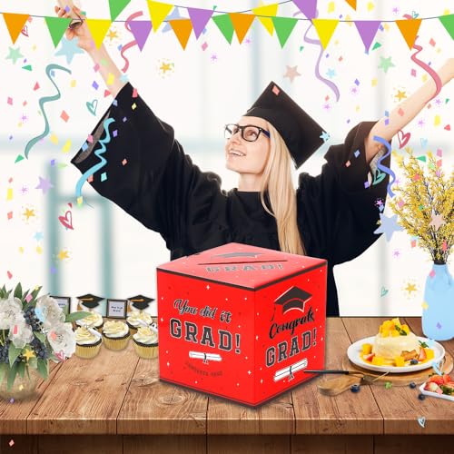 Image of Graduation Card Box 2026 Graduation Party Decorations Graduation Card Box Holder Foldable Congrat Grad Card Gift Box 2026 Graduation Decoration for Class of 2026 Graduations Party Supplies Favor Red