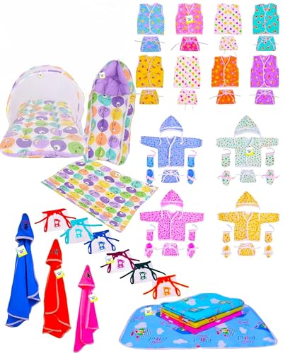 Image of Toddylon Flat Bed 56 in 1 New Born Baby Products All Baby Bedding Set | Baby Clothes | Gift Packs | Hospital Kit | Essentials Items | Infants Combo (0-6 Months)