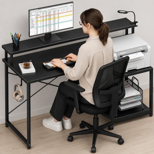 Image of Gaming Desk with Monitor Stand & Storage Shelves | Study & Computer Desk with Headphone Hook | Reversible Office for PC Setup | Black | 120x60x87 cm