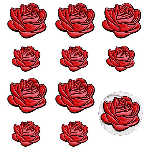 Nifocc Lot de 10 écussons brodés en forme de roses - Pour vêtements, jeans, vestes, chapeaux, sacs, sacs à dos, chaussures - Rouge - 2 tailles