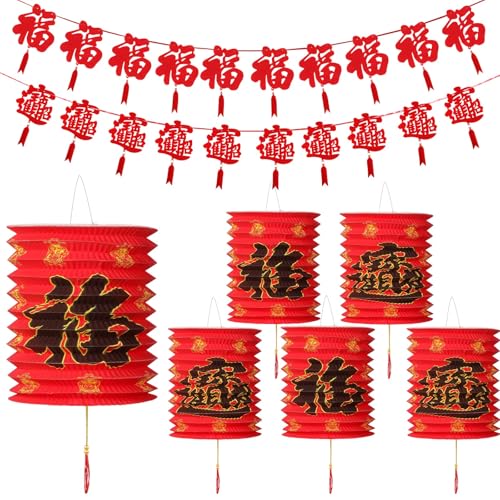 2 Piezas Banderines de Año Nuevo Chino de Carácter Fu Decoraciones Colgantes con 6 Farolillos Chinos de Papel Linternas Rojas para Festival de Primavera Celebración