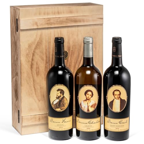 Baron Philippe de Rothschild - Wein Geschenk-Set 'Barons et Baronne' - wertvoller Bordeaux in edler Vintage-Holzkiste (3 x 0,75 l) - Luxusgeschenk für Kenner und Genießer