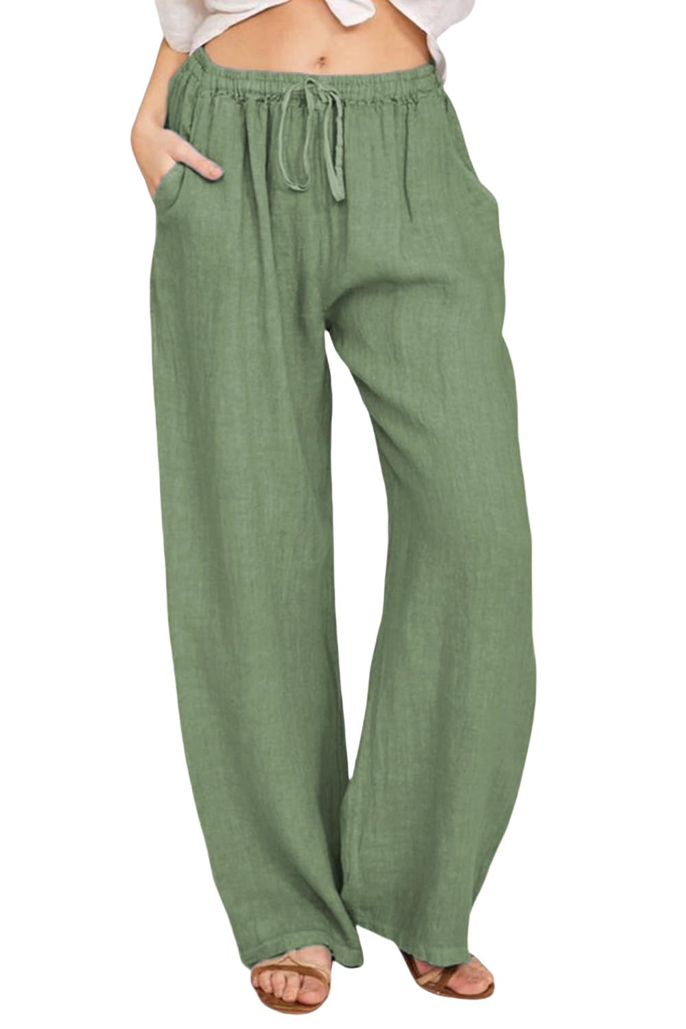 YOCUR Women Wide Leg Flowy Drawstring Palazzo Linen Pants Beach Casual Elastic High Waisted Loose Trousers