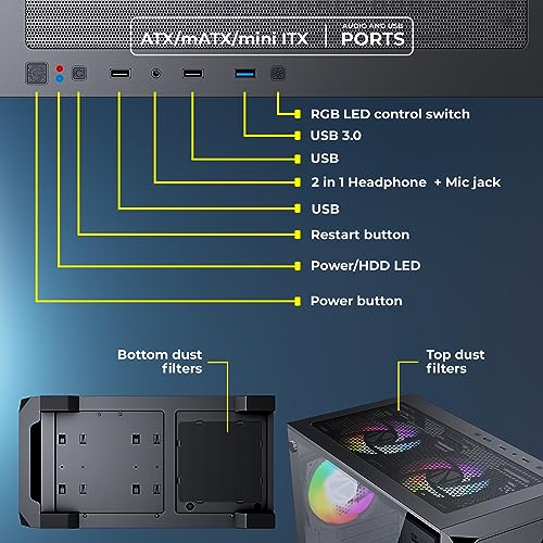 Image of ZEBRONICS VOXEL Mid-Tower Premium Gaming Cabinet, ATX, ARGB Rear Fan, LED Control Switch, Tempered Glass Panel, USB 3.0, 360mm Front or 240mm Top AIO Cooler Support with Top & Bottom Dust Filter
