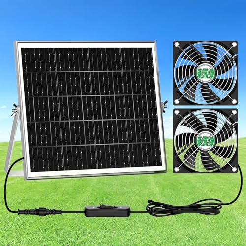 ZIZIWIN Solar Chicken Coop Fan 2 Kit, 20W Solar Powered Greenhouse Fan Outdoor Waterproof, Solar Exhaust & Intake Fans, Hi-Airflow for Shed Dog House Air Circulation Ventilation Cooling