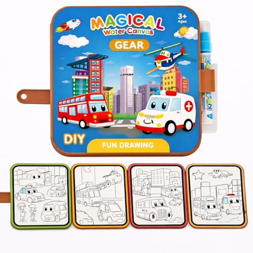 Image of Kiddale DIY Reusable Water Painting Book for Kids 3-8 years | Transportation Theme | Magic Water Coloring with Water Pen | 4 Reusable Painting Sheets ... Sheets | Mess-Free Travel Activity Book