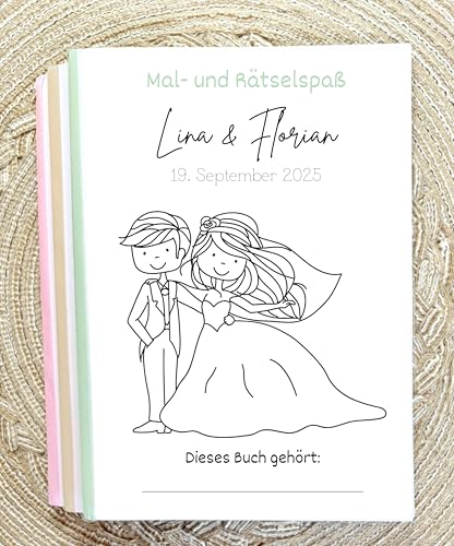 Hochzeitsmalbuch Kinder personalisiert Set 1/3/5/8/10 Stück mit Namen & Datum Brautpaar 24 Seiten Ausmalbilder Rätsel & Spiele DIN A5 mit Buntstiften/Seifenblasen optional