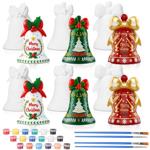 Thyle Set of 6 Christmas Ceramic to Paint 3D Christmas Bells Craft Kit 4.7 Inch Unpainted Paint Your Own Jingle Bell Plaster Keepsake with Painting Paintable DIY Gift for Xmas Tree Decor Adult