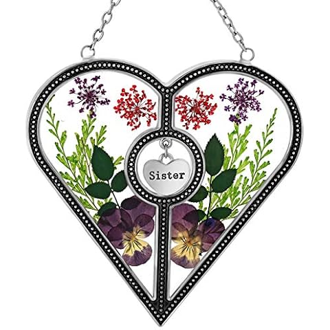Sister Heart Suncatcher Stain Glass Sisters hangings for The windsows with Pressed Flower Heart in Glass with Metal Trim Heart Charm - Gifts for Sisters Friend Birthdays Valentine's Day Cover