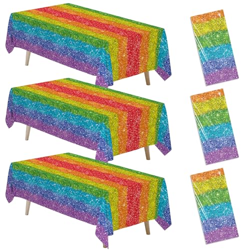 Owelleny Rainbow Tablecloth Party Decorations 3 Pcs Disposable Colorful Glitter Striped Rainbow Party Table Cover Supplies for Birthday Bridal Shower Pride Events 55in x 86in