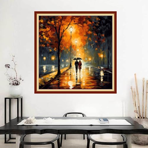 Image of Joyhoor Stamped Cross Stitch Kits for Beginners Needlepoint Kits for Adults Embroidery Kits 11CT Counted Cross Stitch Kits Printed Embroidery Pattern-Strolling on a Rainy Night 18x18 inchs