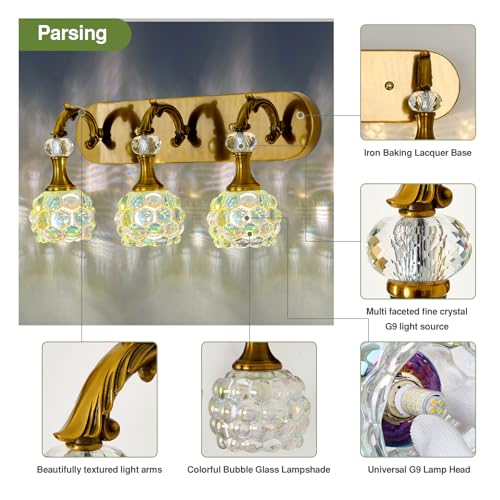 Image of 3 Light Vintage Vanity Light Gold Bathroom Lighting Fixtures Over Mirror with Glass Shade