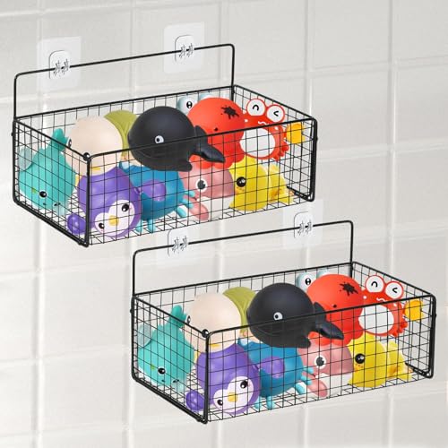 Image of 2 Pack Bath Organizer,Hanging Metal Mesh Shower Caddy with Adhesive Hooks for Bathtub Easy Access Toys,Large Bath Storage Holder for Storing Toiletries,Cosmetics, Clothes(Black)