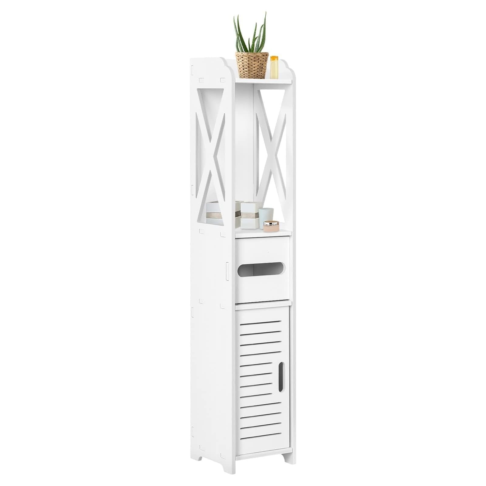 Armadietto da Bagno Salvaspazio 15x15x80cm, Mobile Bagno Stretto Impermeabile in PVC, Colonna Bagno Slim con Cassetto e Ripiani, Mobiletto Bagno Bianco per WC Cucina Camera