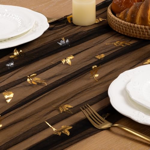 Image of Fall Maple Leaf Table Runner Black Sheer Gauze Foil Table Runner 120 Inch
