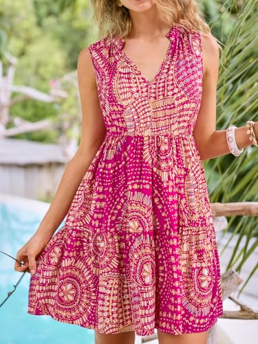 Image of CUPSHE Women's Ruffle Beach Mini Dress Split V Neck A Line Sleeveless Geometric Stripe Tropical Leaf Pattern Summer Dresses