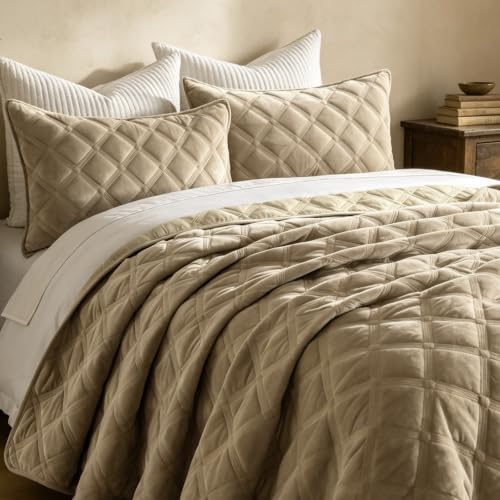 WONGS BEDDING Velvet Comforter King, Lattice Diamond Quilt Set, Urban Taupe - image 2