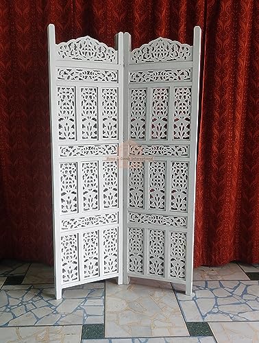 Image of Home & Goods International Wooden Room Divider Partition - Foldable Wood Screen Separator for Living Room, Bedroom, Office, Restaurant || Kangra Badrun Design, White (2 Panel)