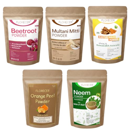 Image of Florecer Kasturi Haldi, Neem, Orange Peel, Beetroot And Multani Mitti Powder For Face And Skin Care- Each 50 Gram