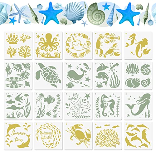 20 Stück Meerestiere Schablonen, wiederverwendbare Kunststoff Zeichenschablonen Schildkröte Fisch Korallen Qualle Meerjungfrau Malerei auf Holz Scrabooking Wanddekoration 13x13cm Cover