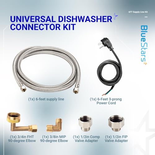 Image of BlueStars Dishwasher Installation Kit, 6-Feet Supply Line with 3 /8 inch x 3 /8 inch Compression, 6-Feet 3-Prong Power Cord, Elbow Connectors & Adapters - Braided Stainless Steel Dishwasher Connector