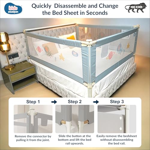 Image of Kids Station 1 Side with Pocket Bed Rail Guard (6.3ft x 2.6ft / 190x80cm), Bed Railing for Baby Safety, Kids Toddler Bed Protector Side Walls, Adjustable Height, Portable & Foldable (Grey)