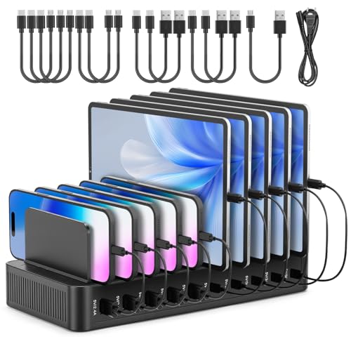HISUEKIG Station de Chargement USB, Station de Recharge 10 Ports 15W avec 10 Câbles, Support Chargeur Telephone,Station de Charge Telephone Portable