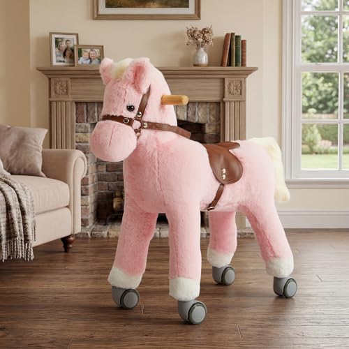 labebe Ride on Horse for Toddler Pink Rocking Horse Ride On Pony Riding Horse Mechanical Walking Action Plush Animal Stuffed Rocker Toys Rocking Horse for Christmas/Birthday Gift for Child 24M+