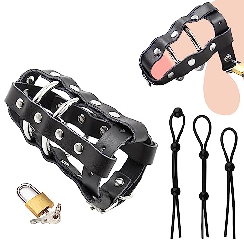 BDSMYEE Leder Peniskäfig Metallschloss, Penis Bondage Keuschheitsgürte mit 3 Cockringe, Peniskäfig Hilfsriemen Cock Cage Chastity Belt, Leder Penis Käfig Sexspielzeug für Männer Paar