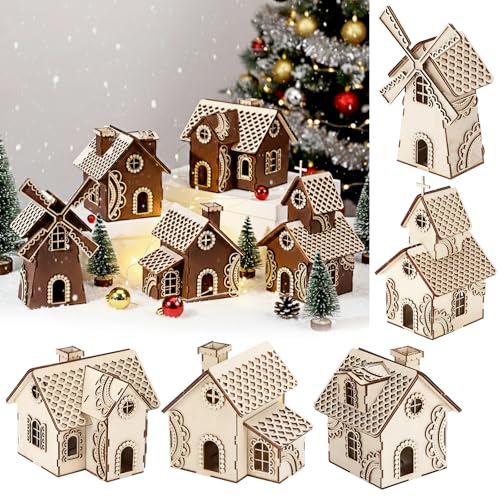 Geelin 5 Pcs Unfinished Wooden Village Mini House Landscape Decors