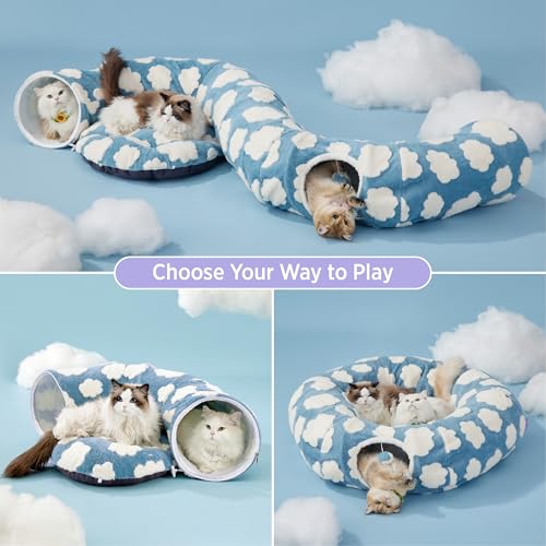 Image of Lesure Large Cat Tunnel Bed - Cute Donut Bed for Indoor Cats with Washable Circle Cushion, Round Pet Peekaboo Cave Toy for Multi Kitten /Puppy /Rabbit, Large Cozy Clouds Blue
