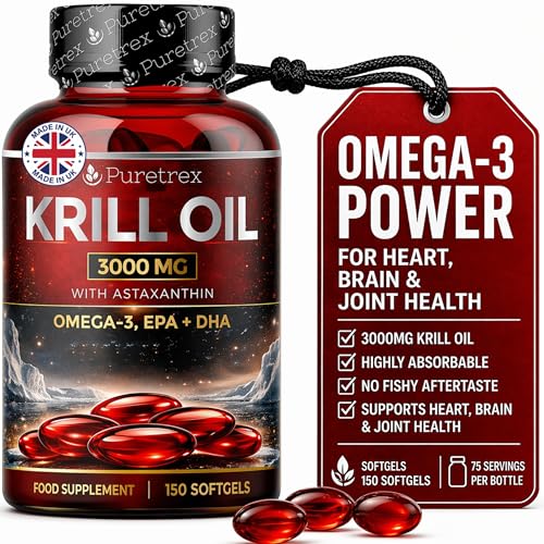 Puretrex Krill Oil 3000mg 150 Softgels Made in UK Omega 3 EPA DHA with Astaxanthin & Phospholipids High Absorption No Fishy Aftertaste Heart Brain Joint Eye Support