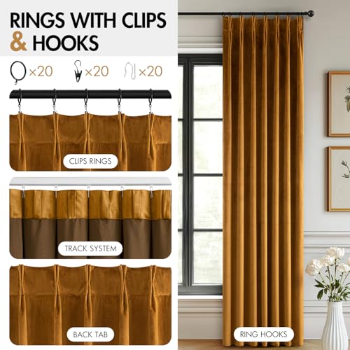 Image of MIULEE Velvet Pinch Pleated Blackout Curtains 84 inches Long, Gold Brown Pleat Design Thermal Insulated Luxury Window Drapes for Living Room Bedroom with Hooks, Set of 2
